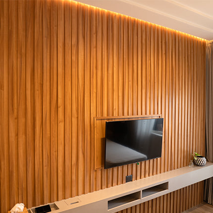 Accent wall featuring vertical wooden slats